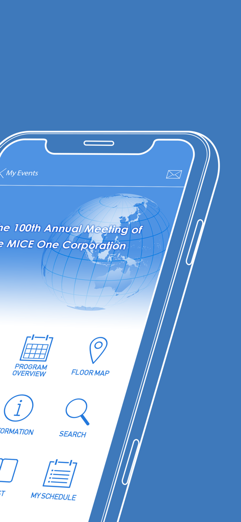 MICEnavi - MICEnaviモバイルアプリのインターフェース。プログラム概要、フロアマップ、スケジュールなどのイベント管理機能が表示されます