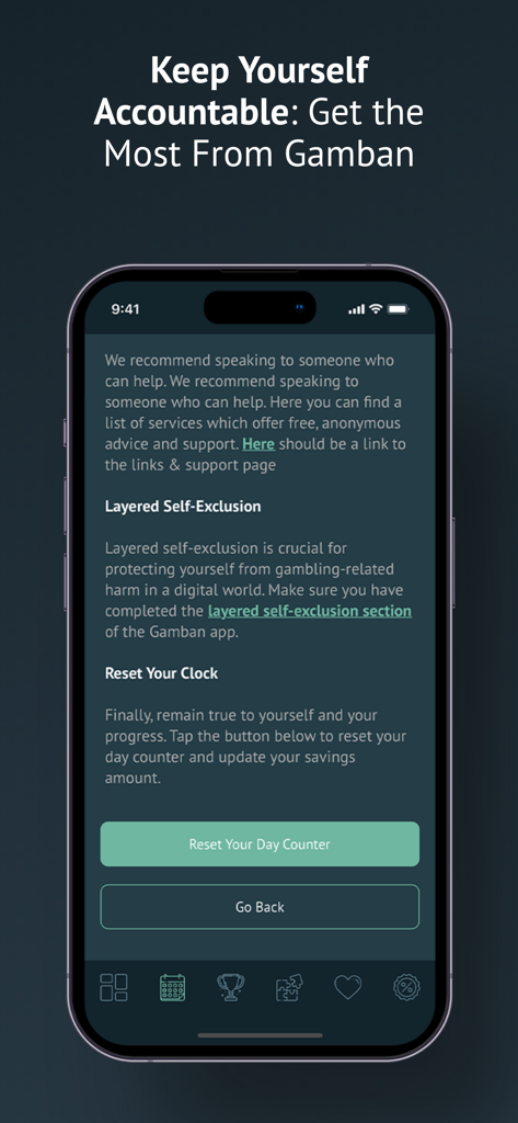 Block Online Gambling - Gamban - The Gamban app accountability screen showing recovery progress tools and a reset day counter button.