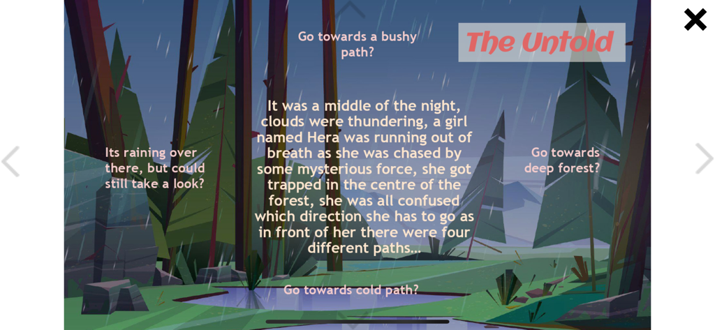 A screen from SwipeStory showing an interactive narrative titled The Untold where the reader chooses a path in a rainy forest