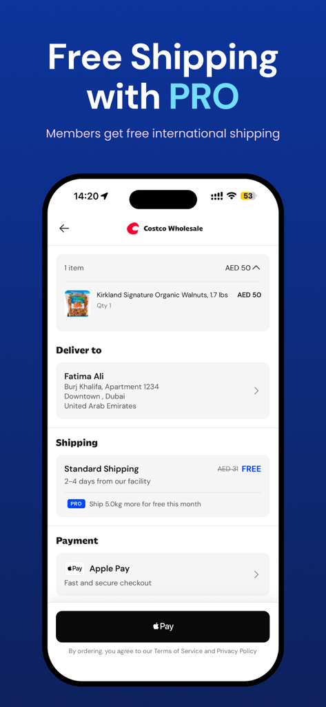 Desertcart Scout - Pantalla de pago de la aplicación móvil que muestra envío internacional gratuito para miembros PRO y opción de pago Apple Pay.