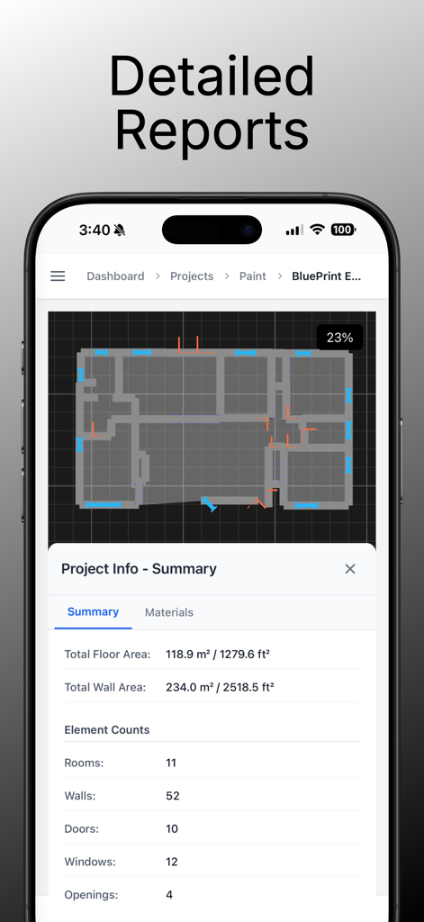 EasyEstimate - Cost Estimation - EasyEstimate detailed project report with floor plan and measurement summary
