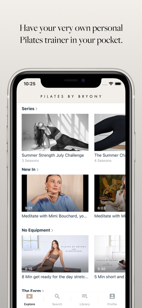 Pilates By Bryony - Screenshot of the Pilates By Bryony app explore screen featuring various workout series and wellness videos.