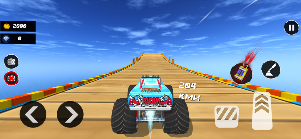 Mega Ramp Stunts - Car Games - Camión monstruo azul conduciendo sobre una mega rampa de madera en un juego de acrobacias de coches