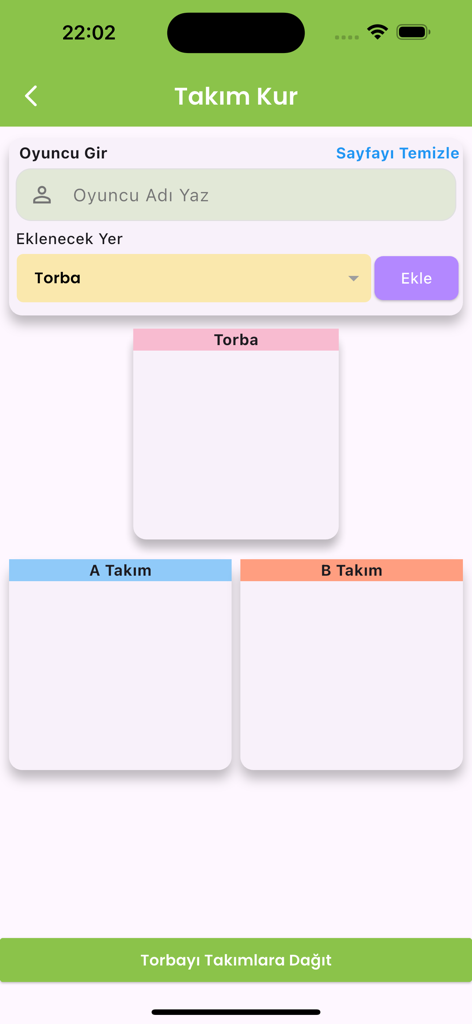 Halı Saha Kadro - Random soccer team generator screen showing player entry and team distribution sections