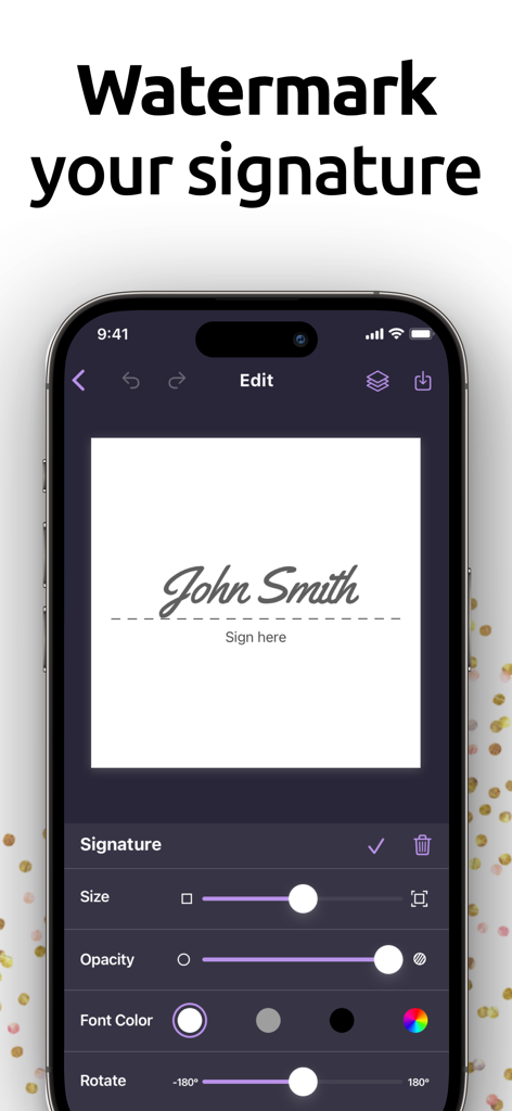Watermark - iPhone screen showing signature watermark customization with tools for size opacity color and rotation