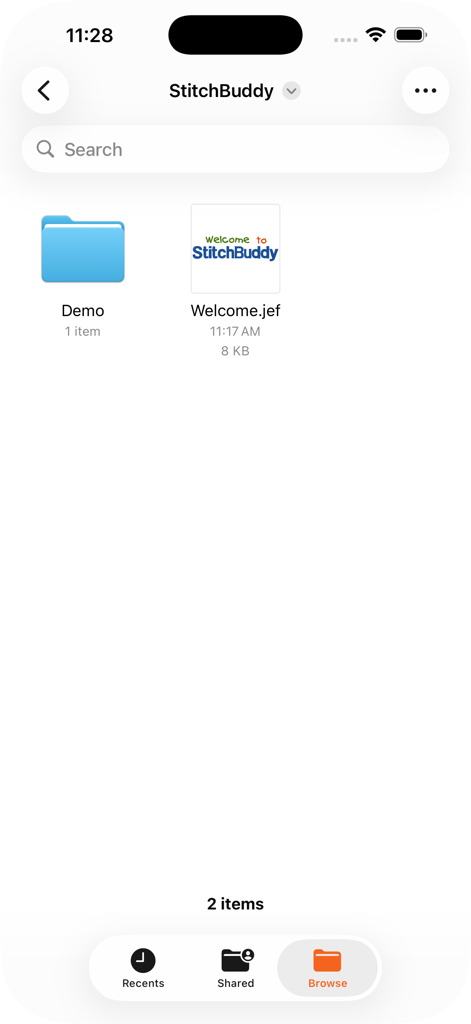 StitchBuddy HD - StitchBuddy HD app interface showing embroidery design files and management folders.