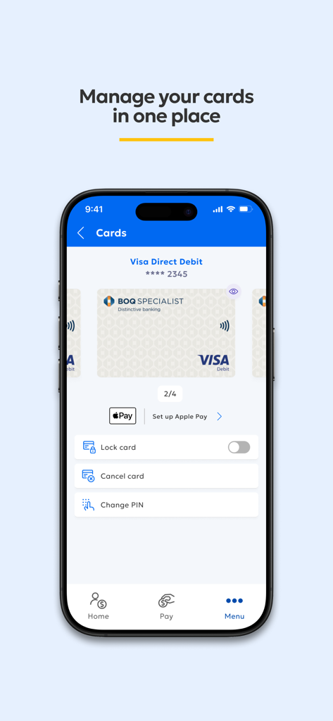 BOQ Specialist Mobile Banking - Écran de gestion de carte de l'application bancaire mobile BOQ Specialist