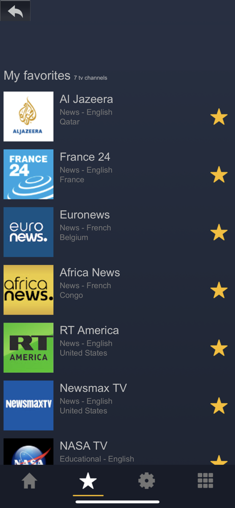 List of favorite international news channels in the Pick TV mobile app