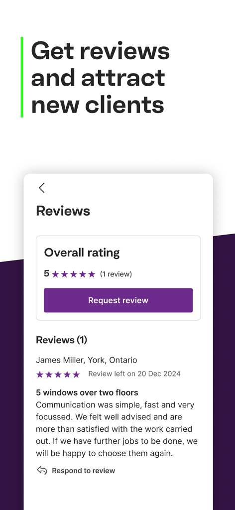 Screenshot of the HomeStars for Pros app reviews section showing a five star rating and options to request or respond to reviews