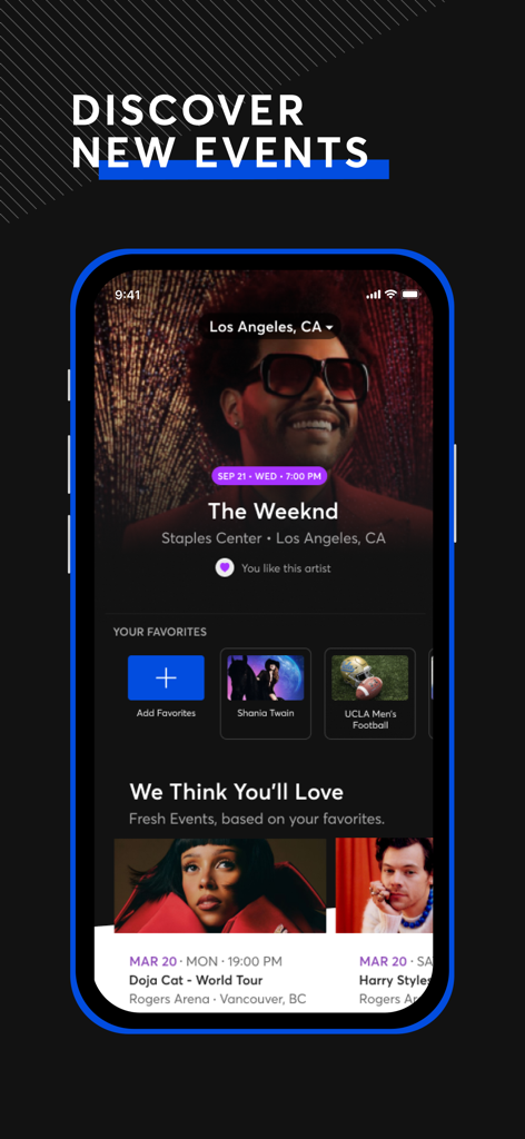 Ticketmaster app interface for discovering new live events and artists