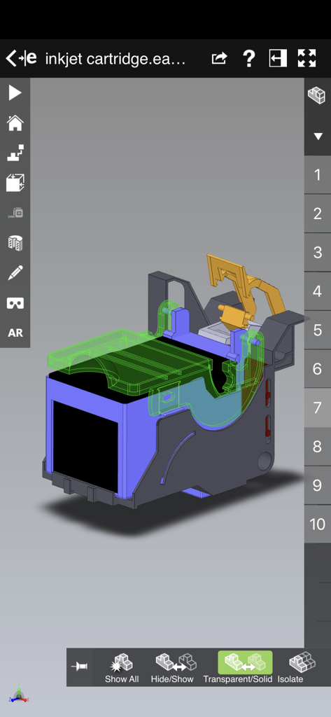 eDrawings - eDrawings mobile app displaying a detailed 3D CAD model of an inkjet cartridge