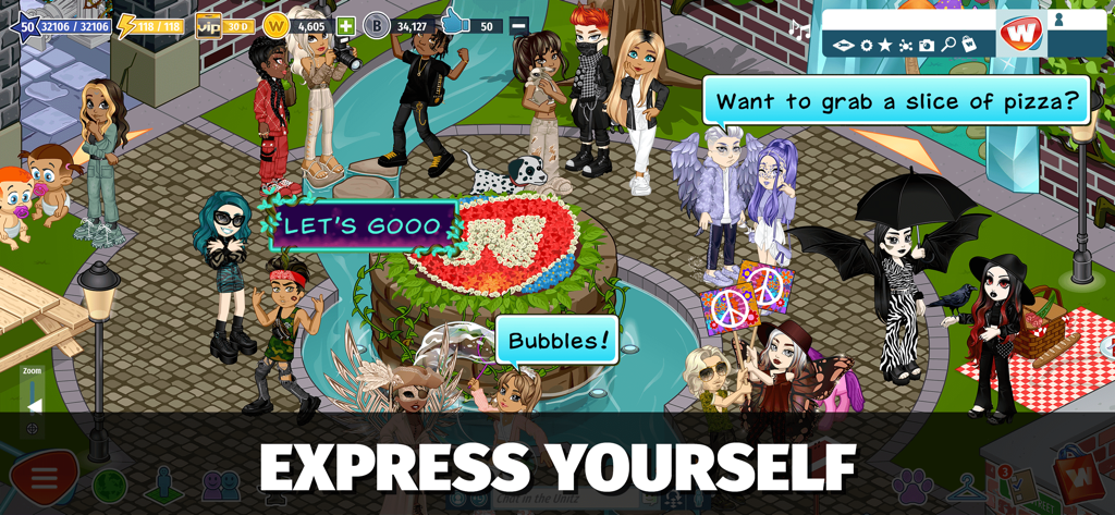 Diverse avatars chatting and socializing in a colorful virtual park setting in Woozworld