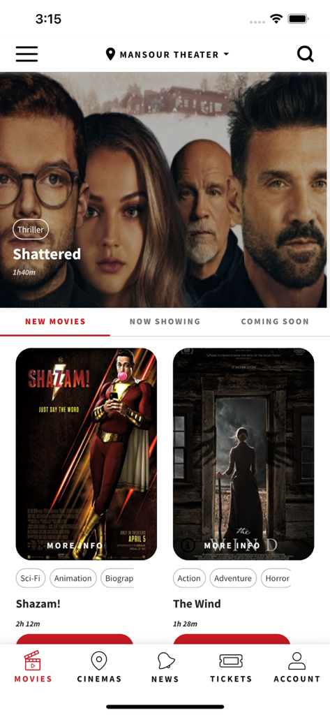Écran de l'application mobile Iraqi Cinema montrant une liste de nouveaux films et la sélection du cinéma pour le Mansour Theater à Bagdad.