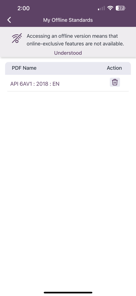 i2i - Mobile screen showing a list of downloaded technical standards available for offline viewing in the i2i app