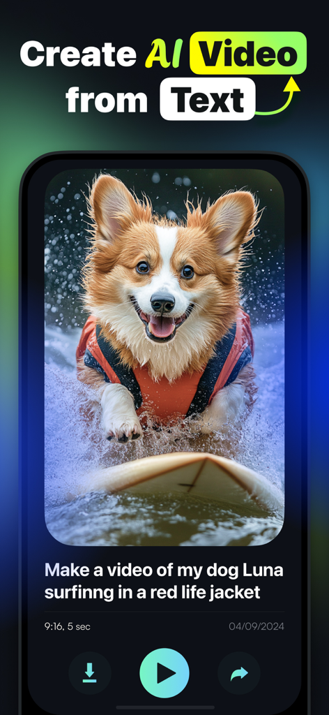 AI Video Maker & Generator - Screenshot showing text-to-video AI generation of a corgi dog surfing in a life jacket.