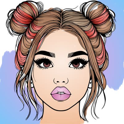 realistic girl with two buns on her hair and lips
