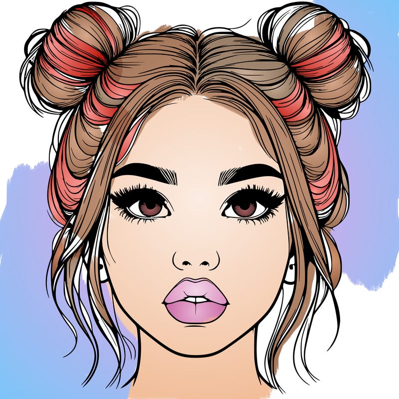 realistic girl with two buns on her hair and lips