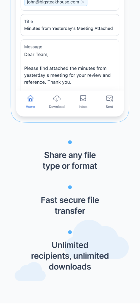 Filemail – File Transfer App - 大容量ファイルを安全に送信するためのメールインターフェースを示すFilemailアプリのスクリーンショット。