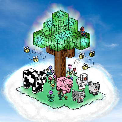 all the minecraft animals are gathered round the minecraft oak tree, on the ground are all the minecraft flowers which the minecraft bees fly around