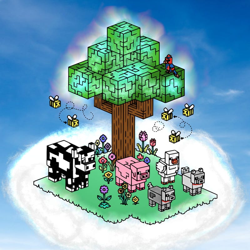 all the minecraft animals are gathered round the minecraft oak tree, on the ground are all the minecraft flowers which the minecraft bees fly around
