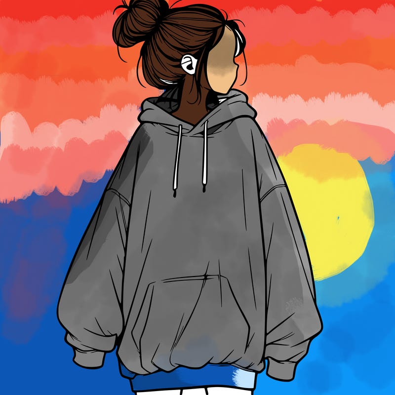 realistic girl with a oversized sweatshirt on and a bun