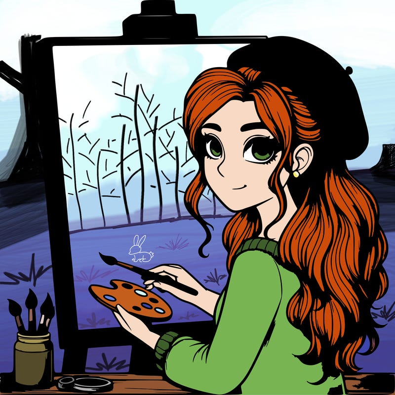 realistic girl artist painting a blank canvas