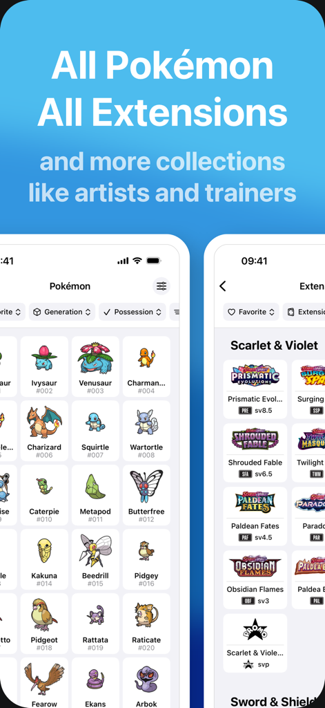 ProDex TCG - Card Tracker - ProDex TCG app screen showing a list of Pokemon and card game extensions like Scarlet and Violet