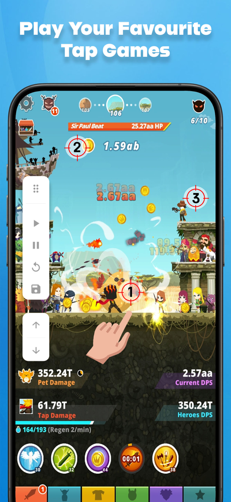 Mobile phone screen showing Auto Clicker app automating clicks on a fantasy tap game.