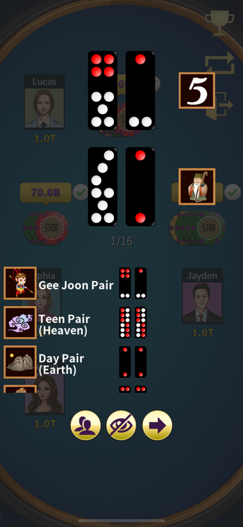 Pai Gow (Deluxe) - Une capture d'écran du jeu mobile Pai Gow Deluxe montrant des tuiles, des avatars de joueurs et des descriptions de paires de score