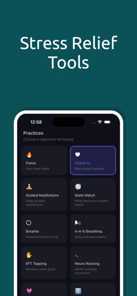 Regulator - Regulator app interface displaying various stress relief and nervous system regulation tools