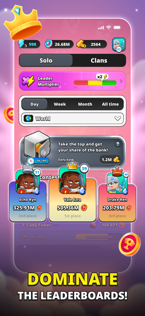 Mystique Fusion – Idle Clicker - Mystique Fusion global leaderboard displaying top ranked players and their fusion coin scores