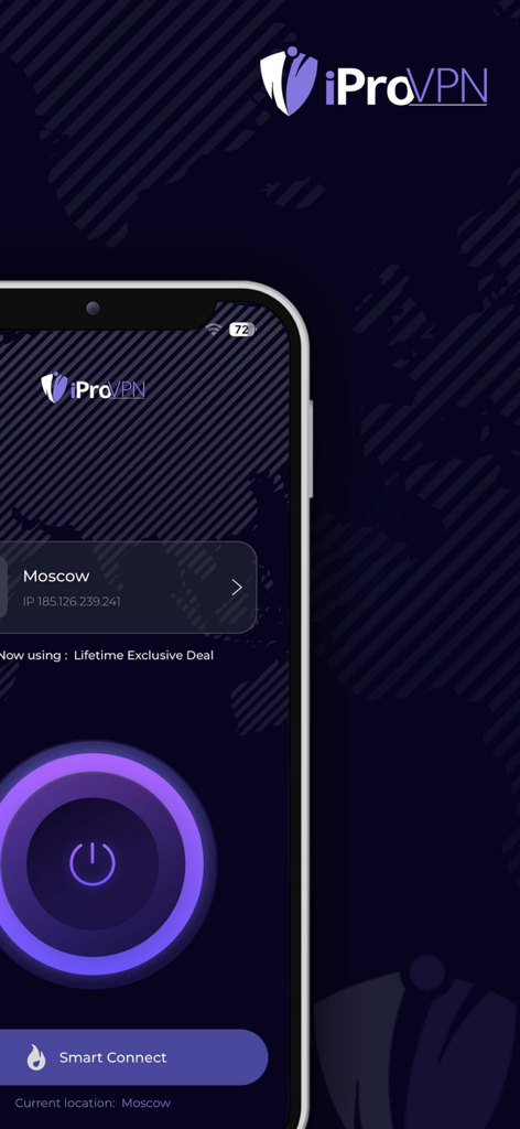 The iProVPN mobile app interface on an iPhone displaying a one tap secure connection button