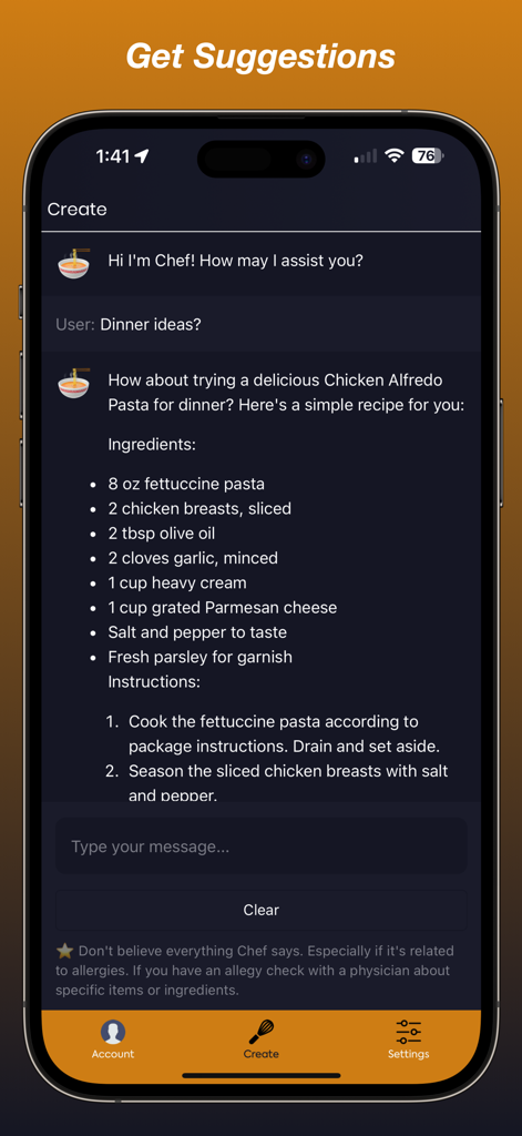 Chef's Kiss - Chef's Kiss app chat interface showing an AI assistant suggesting a Chicken Alfredo Pasta recipe.