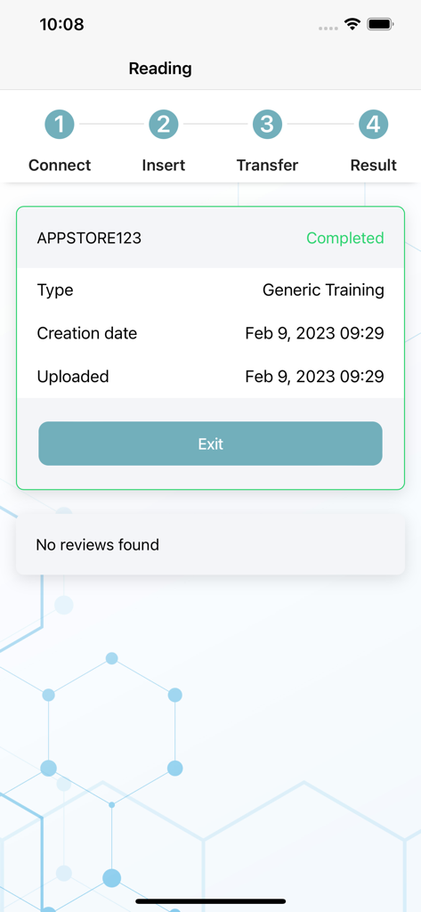 Qassay - Interfaz de la aplicación Qassay que muestra el paso final del resultado de una lectura de diagnóstico etiquetada como entrenamiento genérico completado.