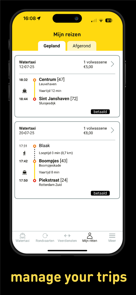 The trip management interface of the Watertaxi Rotterdam app showing scheduled journeys and booking details