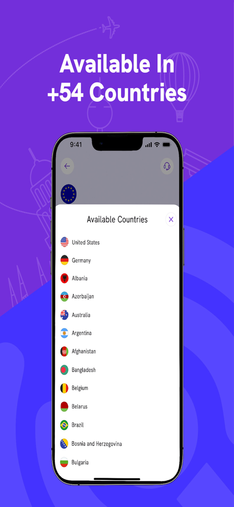 Enjoy eSIM: Global Internet - Smartphone screen displaying a list of available countries for Enjoy eSIM mobile data