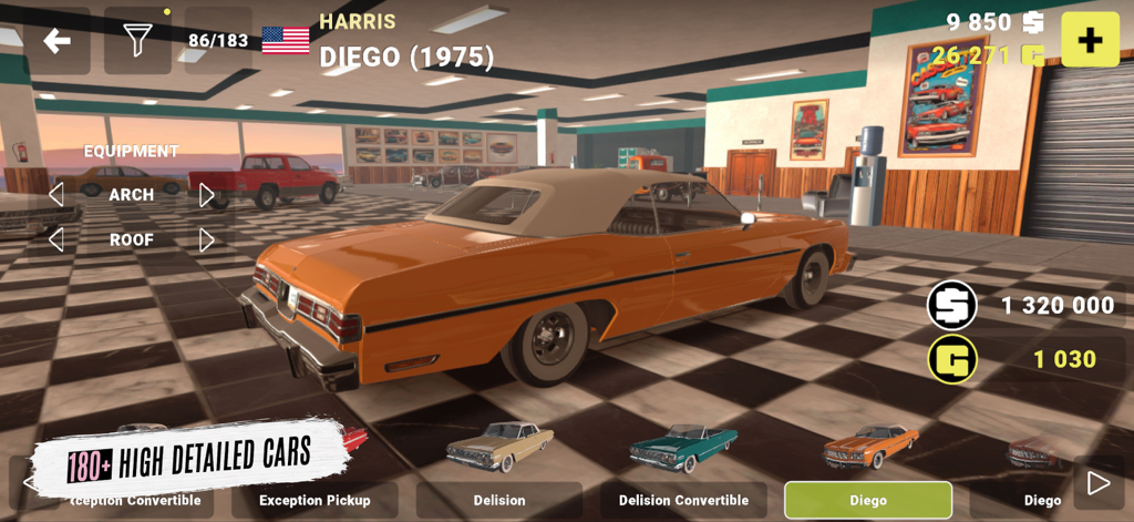 Menu de personalização mostrando um carro lowrider clássico laranja em uma concessionária de garagem