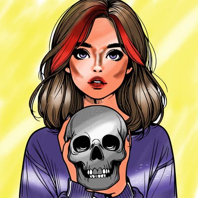 realistic girl holding a skull