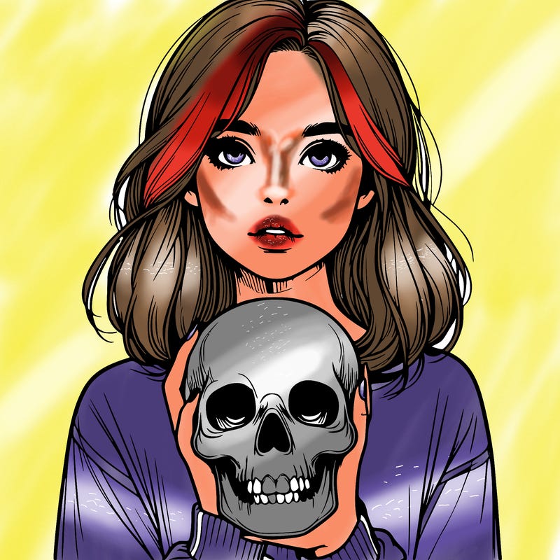 realistic girl holding a skull