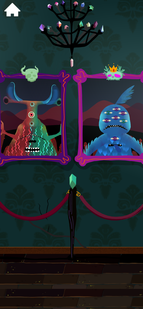 Dos coloridos monstruos de varios ojos mostrados en marcos dentro de una galería de pasillo embrujado