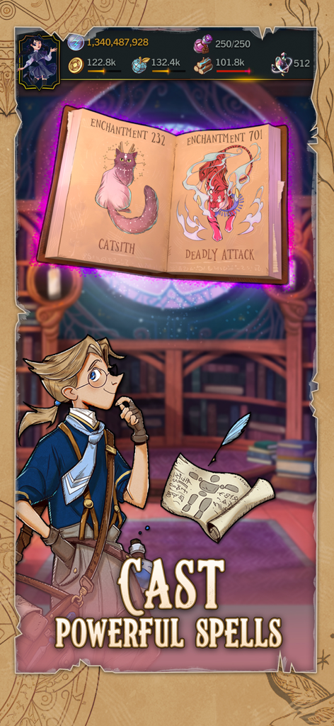 A student character standing in front of an open magical grimoire with spell enchantments in Witch Arcana Magic School.