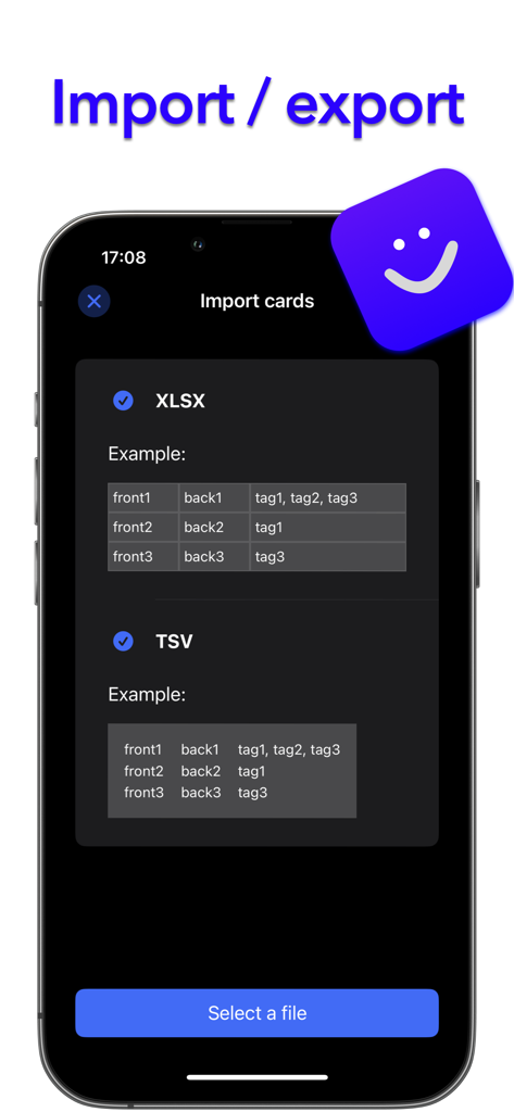 Flash cards maker - Anki Mini - Interfaz de la aplicación Anki Mini que muestra cómo importar tarjetas de memoria desde archivos XLSX y TSV.