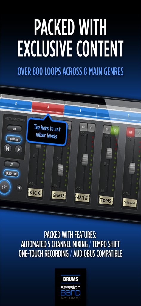 SessionBand Drums 1 - SessionBand Drums 1 app showing the 5-channel automated mixer for kick, snare, hats, toms, and overheads