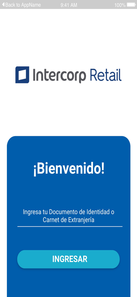 Tela de boas-vindas e login do app Intercorp Retail com campo de entrada de ID