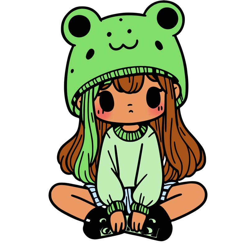 a girl wearing a frog hat and some frog socks