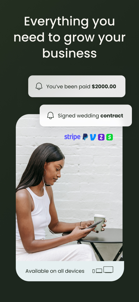 A promotional screenshot of the Unscripted app showing payment notifications and signed contracts for photography business management.
