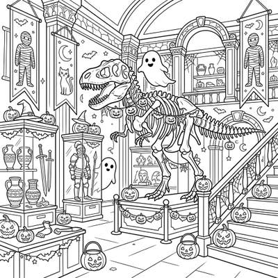 Dive into a thrilling blend of history and fright with this captivating Halloween museum coloring page. Explore ancient exhibits adorned with playful pumpkins and friendly ghosts, ready for your creative touch.
