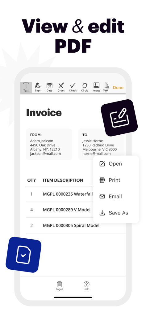 PDFインボイスを編集するpdfFillerアプリを表示するスマートフォン画面。署名とテキストツールを使用。