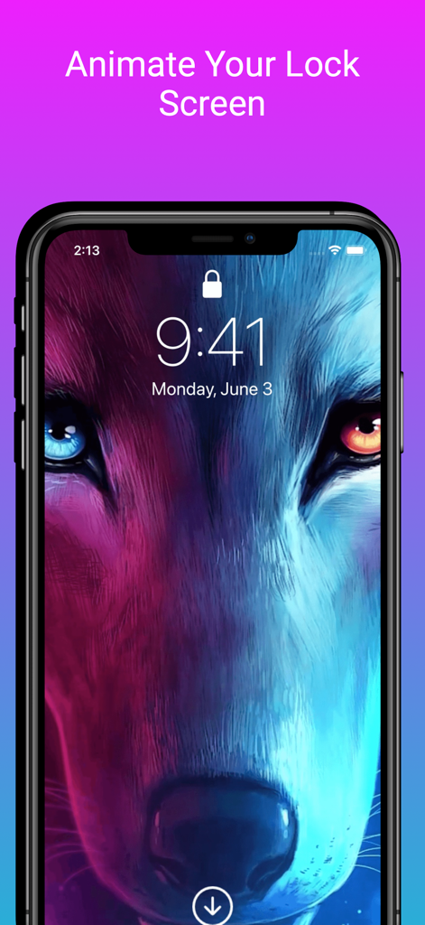 Live Wallpapers 4K - LiveInto - 青とオレンジの目の高品質なオオカミのライブ壁紙を表示するiPhoneのロック画面