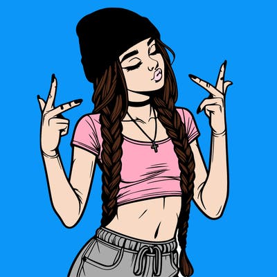 realistic teenage girl with braids and a beanie and crop top doing 🫶🏼